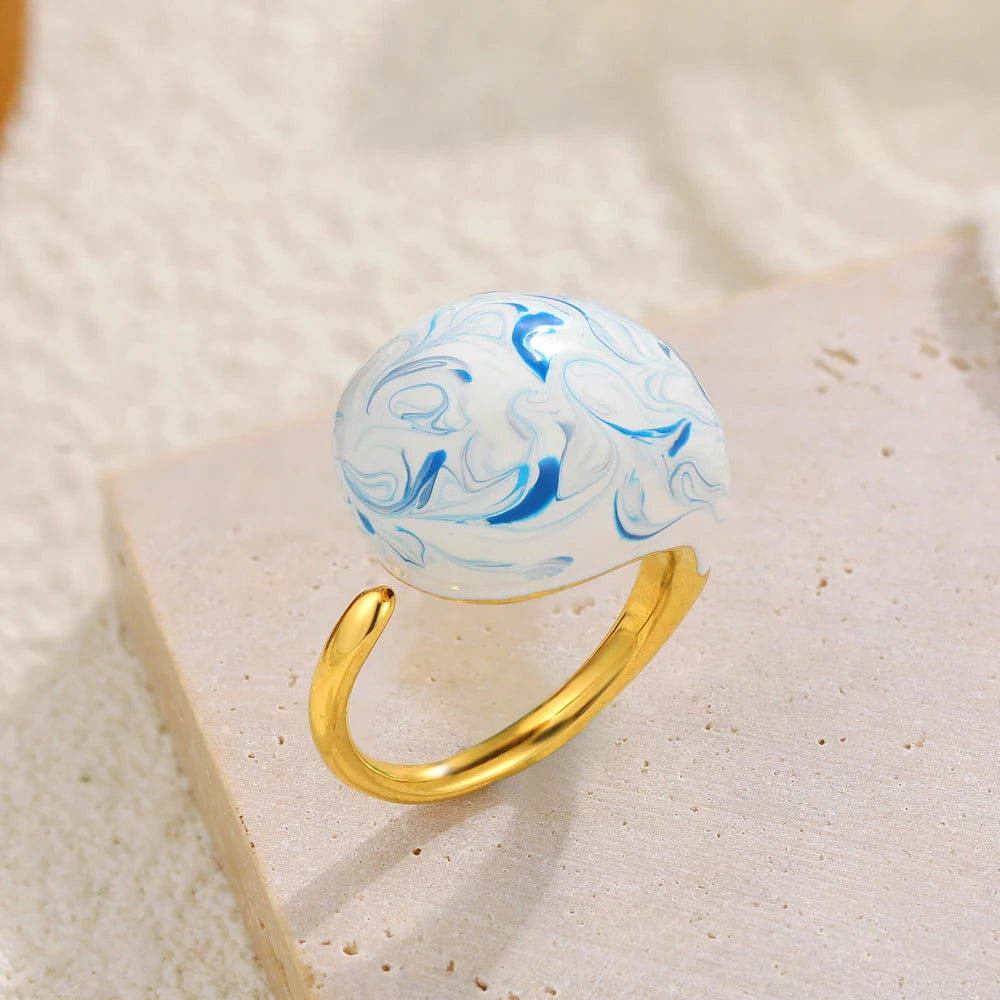 18k Gold Plated Stainless Steel Blue White Porcelain Waterdrop Dome Ring Geometric