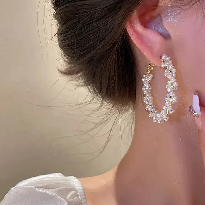 Korea Fashion Elegant Zinc Alloy Pearl Hoop Earrings for Women Gift