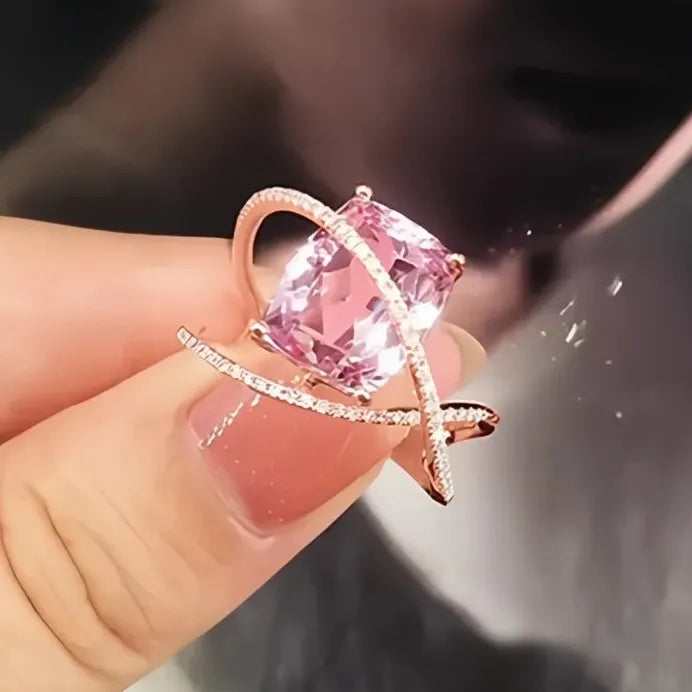 Trendy Pink Cubic Zirconia Brass Ring Romantic Engagement Gift for Women