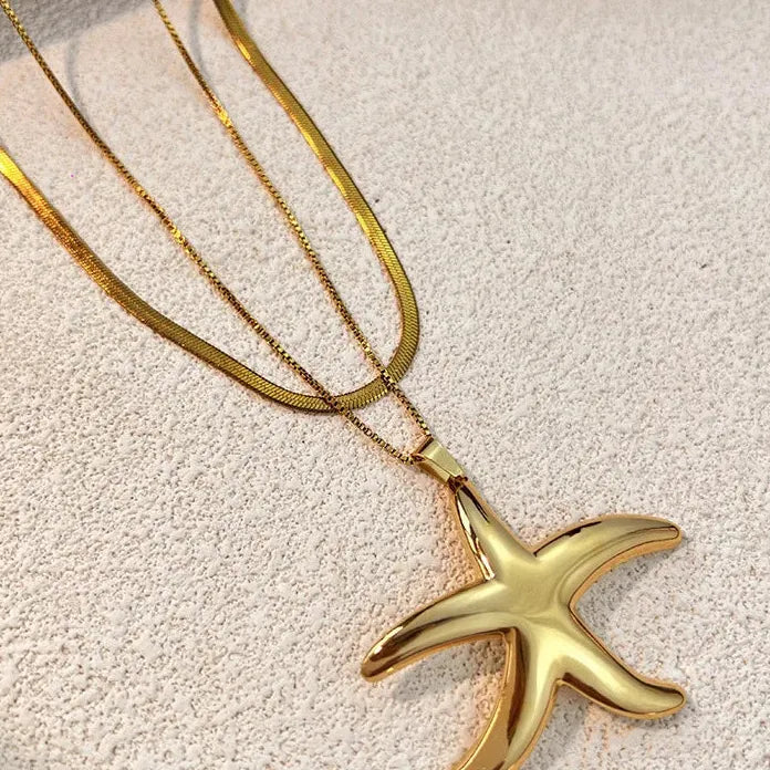 Retro Starfish Butterfly Pendants Polished Metal PVD Hypoallergenic Snake Chain Necklace