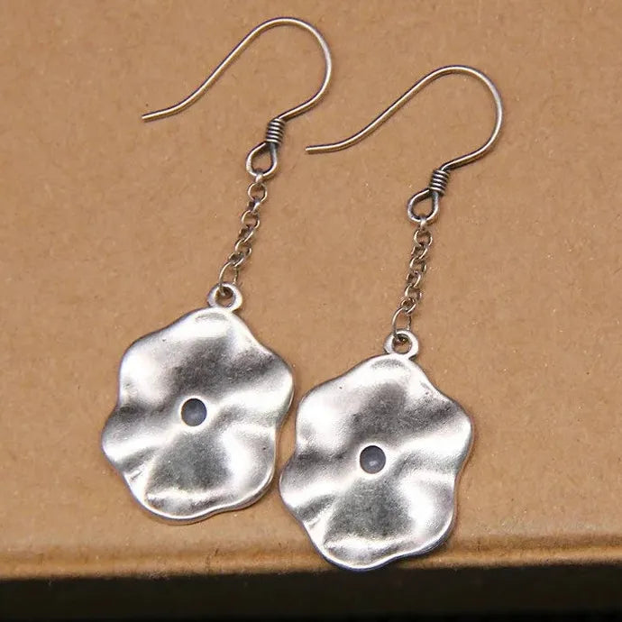 Vintage Silver Flower Earrings Ethnic Metal Round Carving Inlaid Zircon Long Studs