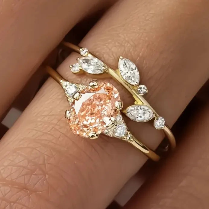 Women’s Bridal Ring Set with Champagne Cubic Zirconia Wedding Jewelry Gift