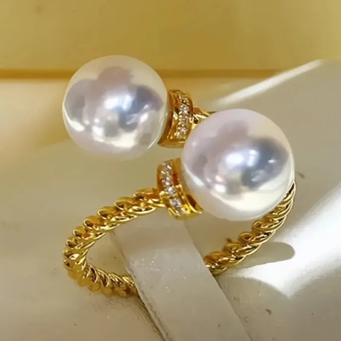 Temperament Double Imitation Pearl Twist Open Ring Gold Color Band Women’s Wedding Fashion Jewelry 2023