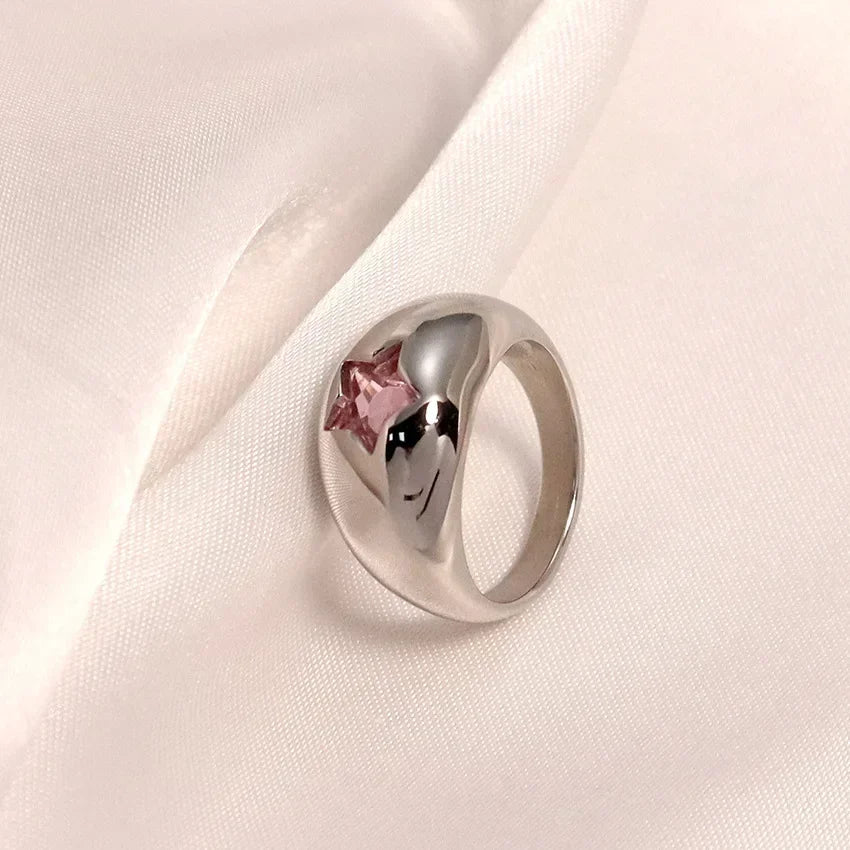 18K Gold PVD Stainless Steel Star Zircon Chunky Ring for Women Blue Pink Crystal
