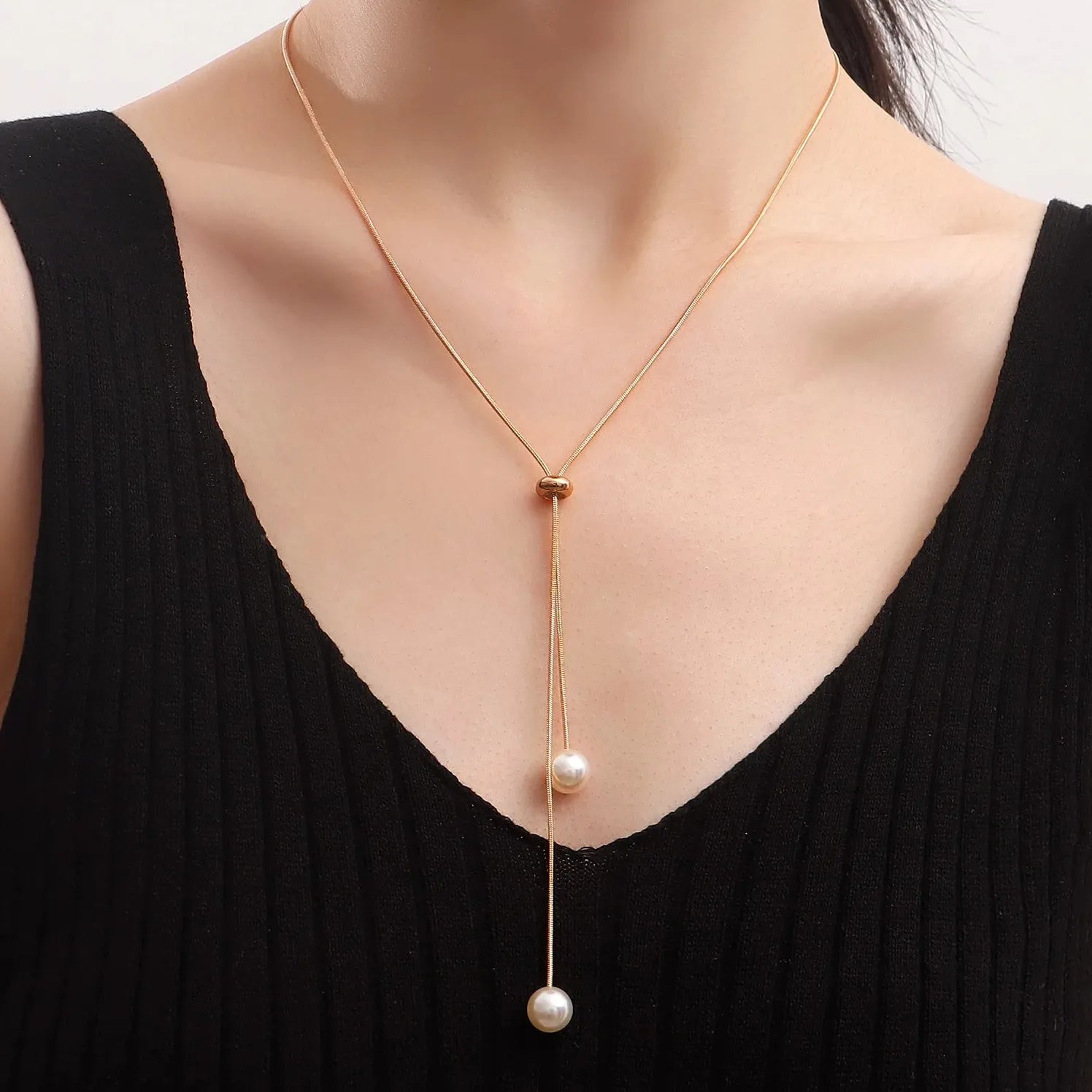Imitation Pearl Choker Necklace for Women Double Layer Gold Chain Circle Pendant Gift