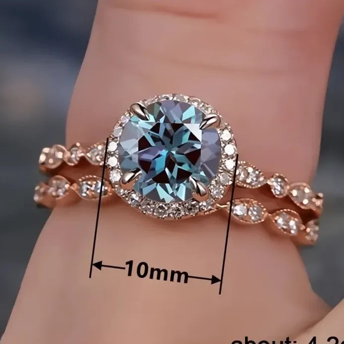 2Pcs Rose Gold Wedding Rings Set Thin Band Blue Cubic Zirconia Stones