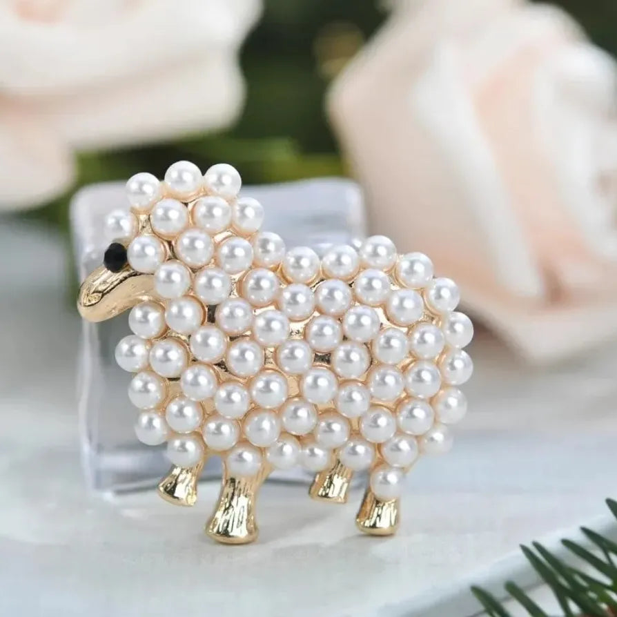 White Faux Pearl Sheep Lamb Goat Brooch Pin Elegant Gift for Women