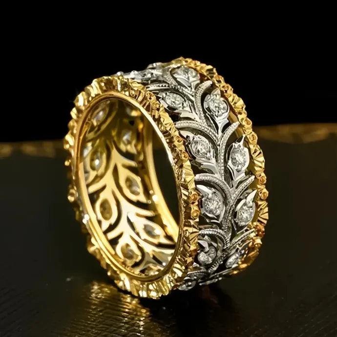 Two-tone Hollow-out Leaf Pattern Brass Ring with Cubic Zirconia for Women Wedding Jewelry