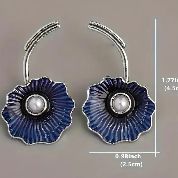 Retro Blue Flower Pearl Drop Earrings Zinc Alloy for Parties & Cocktails