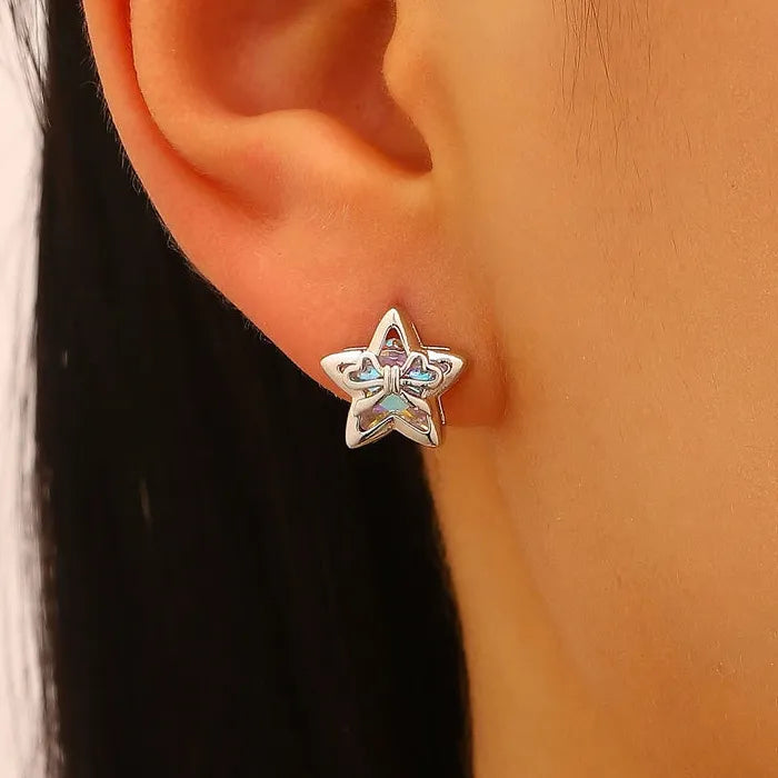 Zinc Alloy Star Zircon Stud Earrings with Bow Pearl Necklace & Bracelet Set