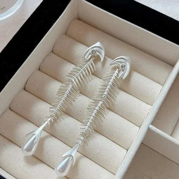 Vintage Fishbone Pearl Drop Earrings Zinc Alloy Punk Jewelry Gift for Women
