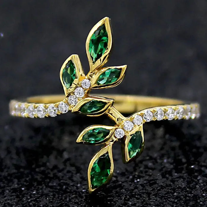 Zirconia Leaf Design Brass Ring for Women Engagement Jewelry Gift