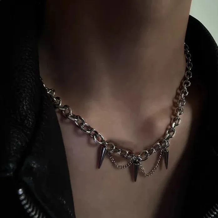 Punk Gothic Silver Cone Pendant Necklace Featuring Tassel Chain for Women