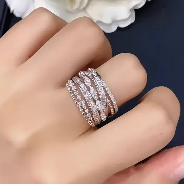 Multi-layer Wide Cocktail Ring for Women Brass Cubic Zirconia Wedding Jewelry