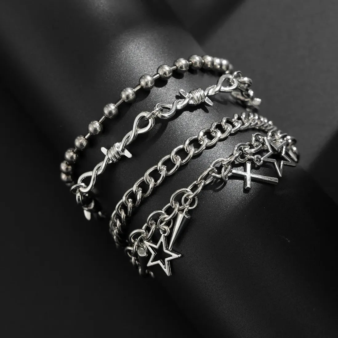 4Pcs Punk Cross Rivet Star Multi-Layer Cuban Chain Bracelet Set for Men Women