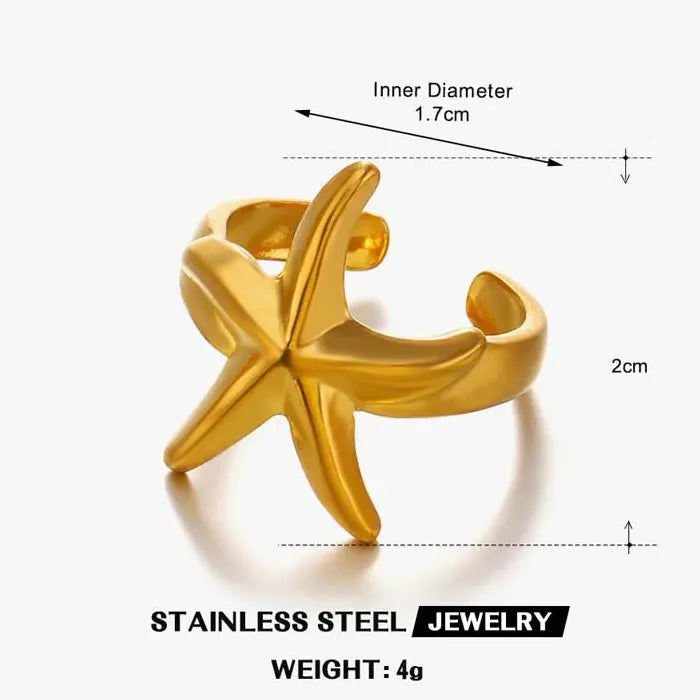 Adjustable Stainless Steel Gold Starfish Ring Vintage Beach Jewelry Women