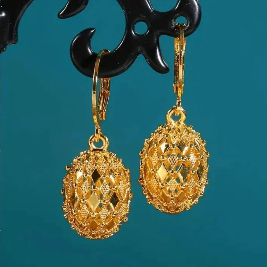 Vintage Hand Engraved Pattern Gold Plated Zinc Alloy Drop Hoop Earrings Women