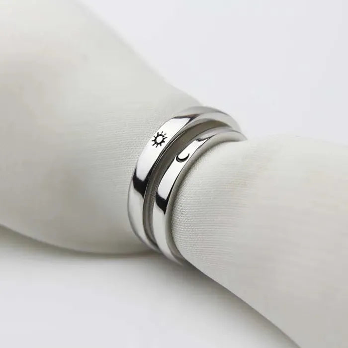 2Pcs Adjustable Silver Sun Moon Couple Heart Rings Set Gift Jewelry