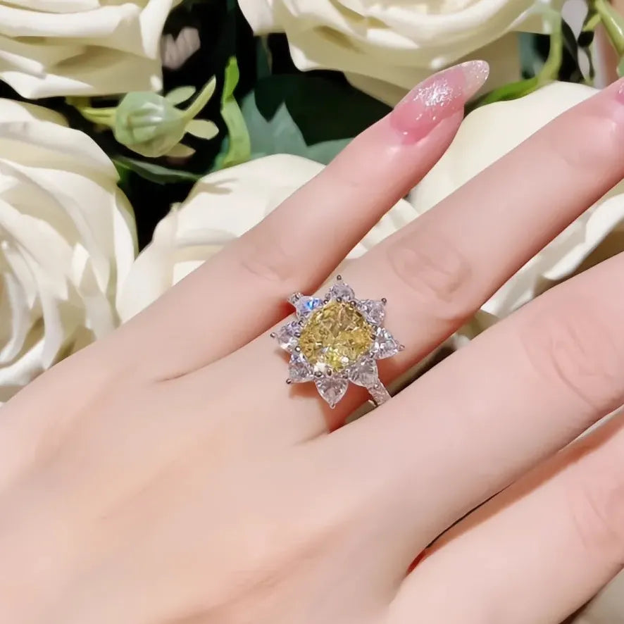 Luxury Sunflower Brass Wedding Band Ring for Women with Yellow CZ Flower Gift