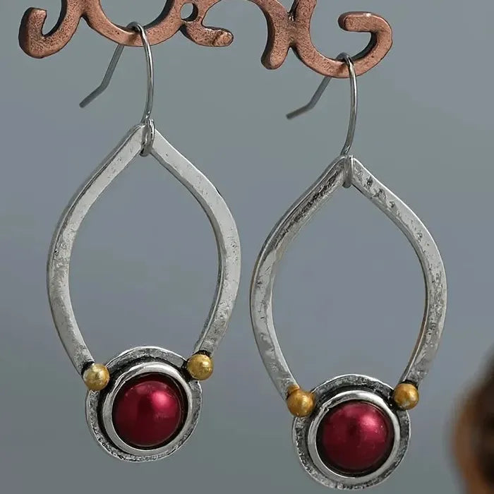 Vintage Red Stone Oval Drop Earrings for Ladies Zinc Alloy Antique Jewelry