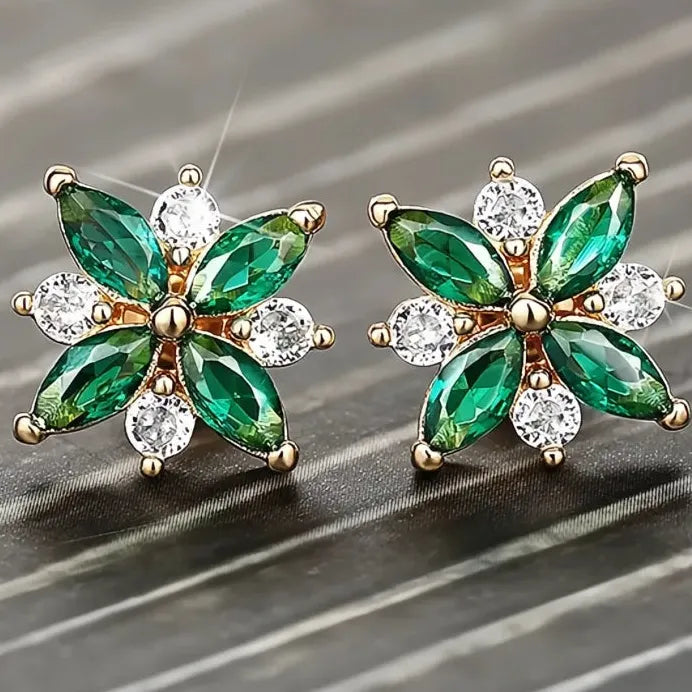 Gold Women Geometric Flower Stud Earrings with White Green CZ for Wedding