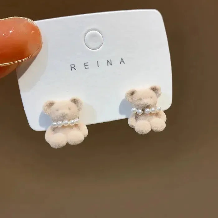 Flocking Plush Pearl Bear Stud Earrings Zinc Alloy Animal Jewelry for Women