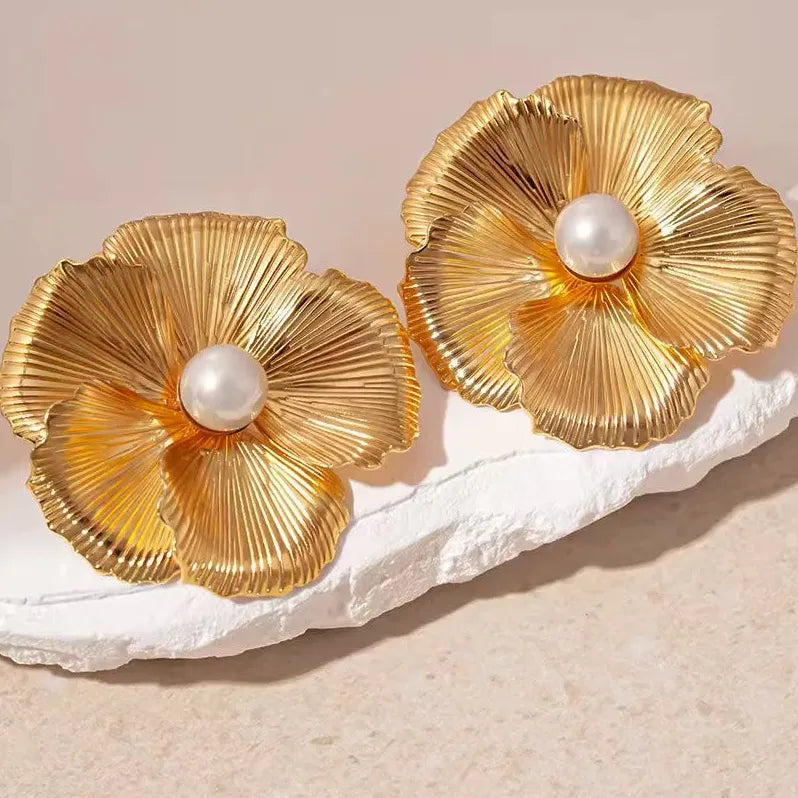 Large Flower Pearl Stud Earrings for Women Korean Fashion Gift Jewelry