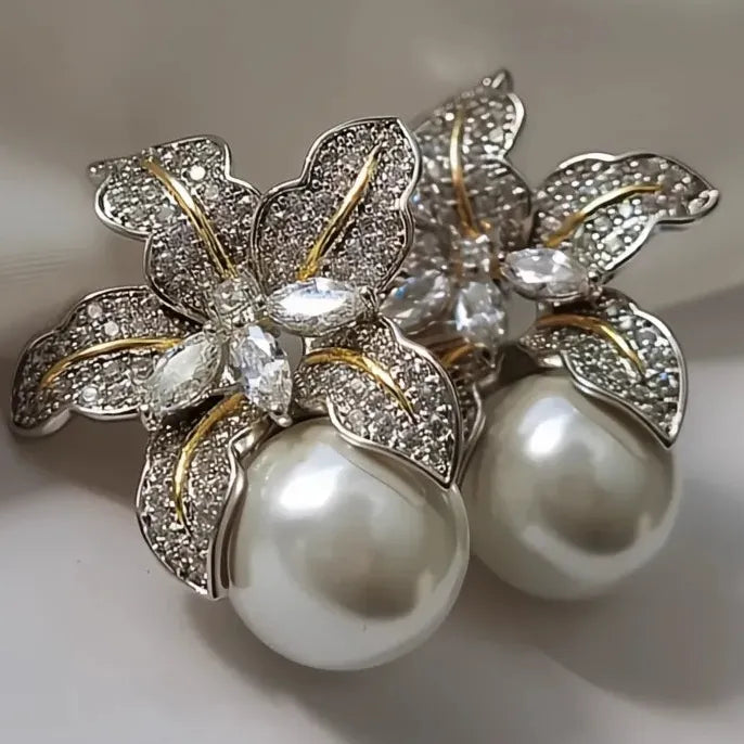 Luxury Flower Pearl Stud Earrings with Copper Alloy & CZ Stone