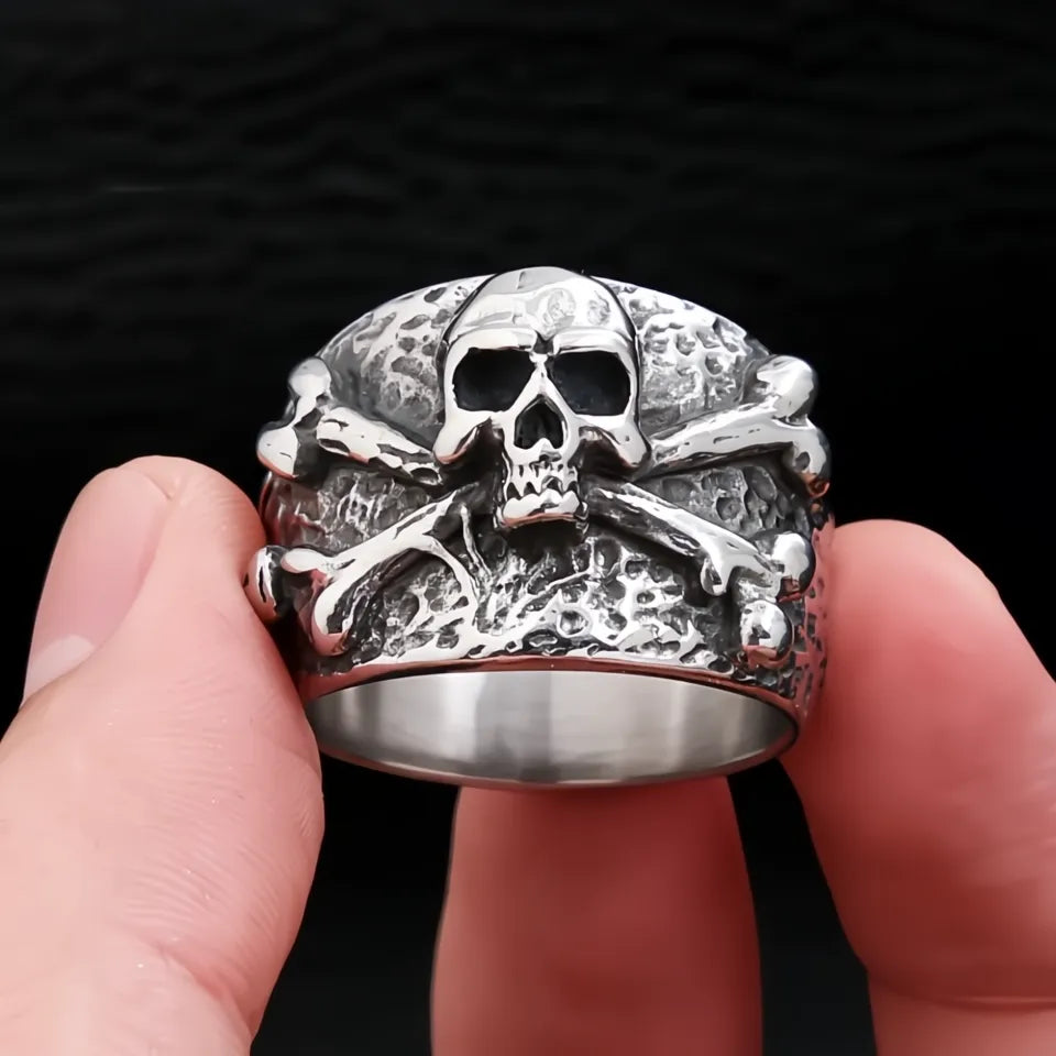 Punk Vintage Stainless Steel Pirate Skull Crossbones Ring for Men Boys Biker Hip Hop Jewelry Gift