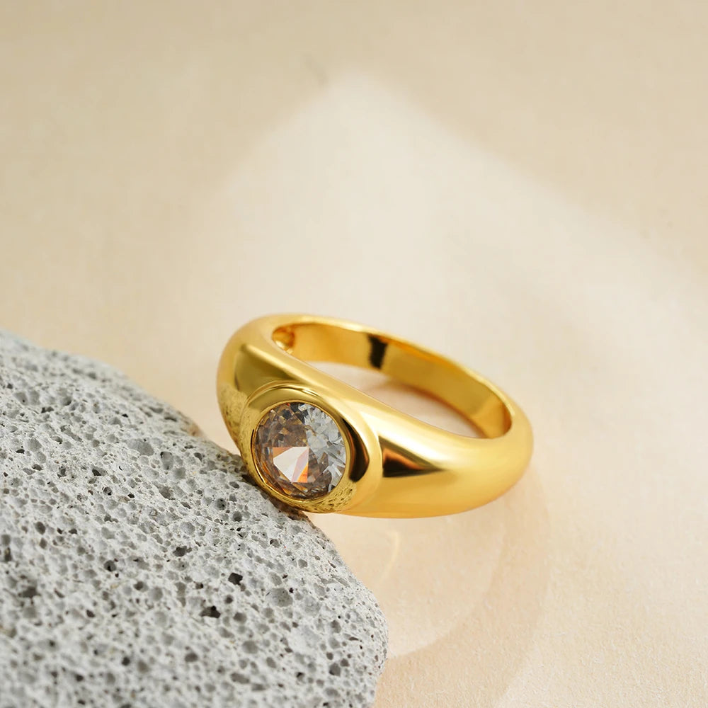 18K Gold Plated Stainless Steel Cubic Zirconia Geometric Wedding Ring Women