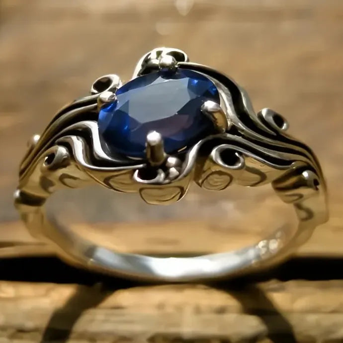 Vintage Blue CZ Silver Wave Ring Geometric Party Holiday Jewelry Brass