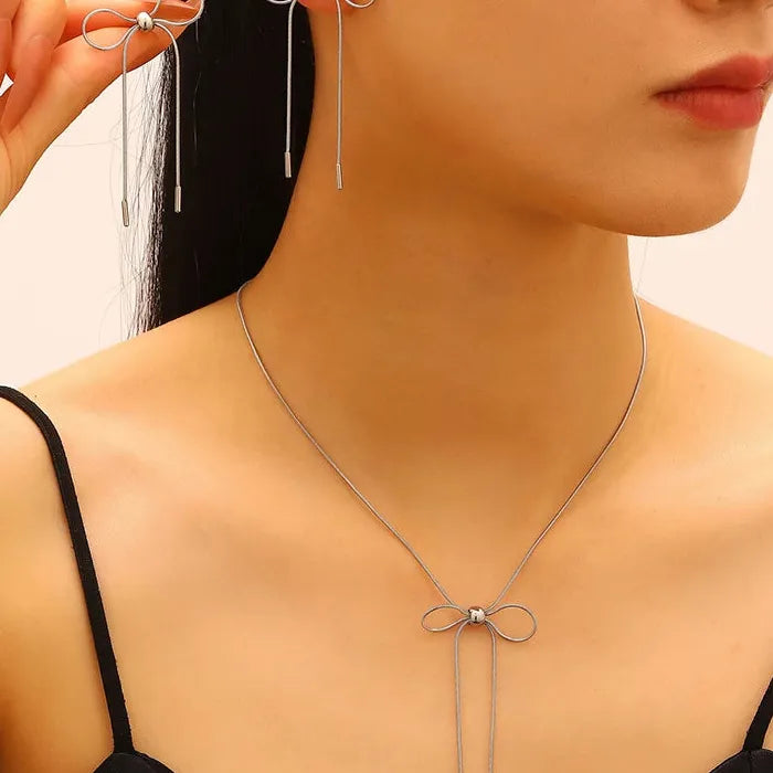 Vintage Stainless Steel Bow Earrings & Pendant Necklace Set for Women