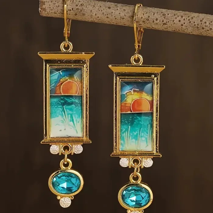Vintage Gold Zinc Alloy Blue Gemstone Pendant Drop Earrings for Women Parties Engagements