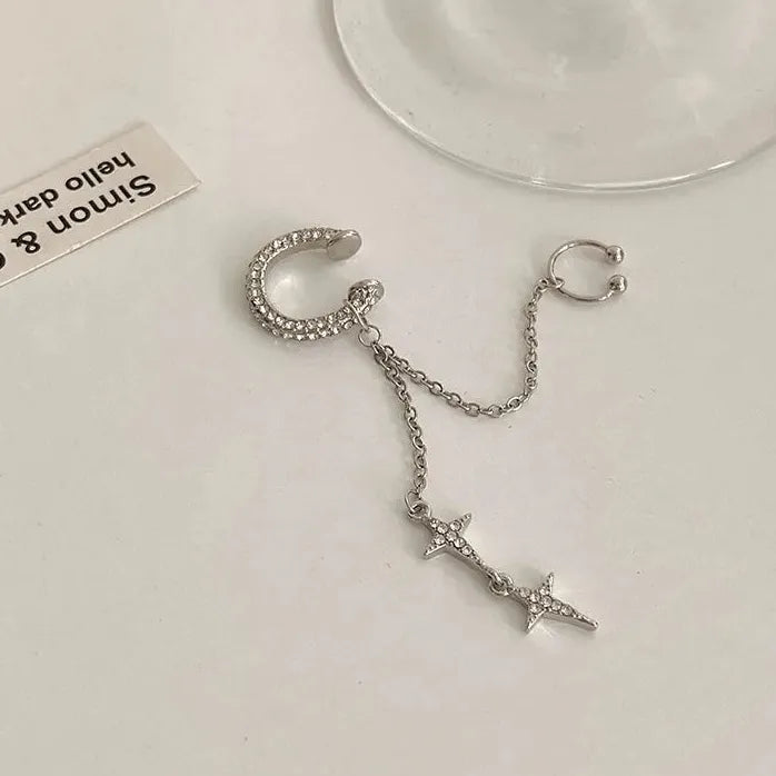 Silver Star Crystal Tassel Clip-On Cuff Earrings for Women Jewelry