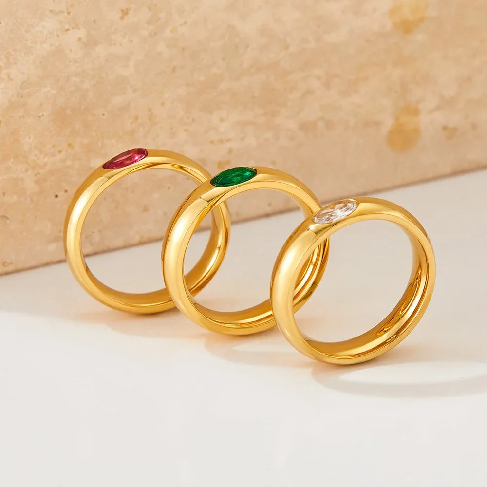 18K Gold Plated Stainless Steel Oval Zircon Crystal Wedding Ring for Women