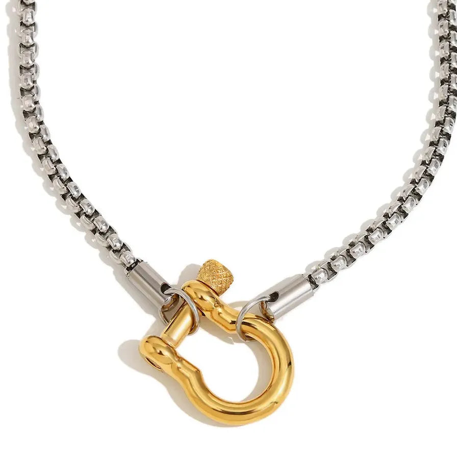 Vintage Chunky Square Metal Chain Horseshoe Necklace 316L Stainless Steel Choker Pendant