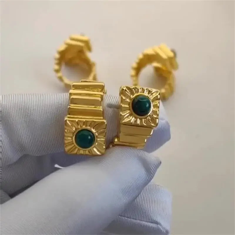 Gothic Gold Twist Fold Square Texture Stainless Steel Ring with Turquoise Stone