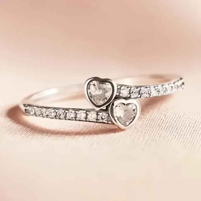 Double Heart Shaped Brass Ring for Women Cubic Zirconia Wedding Band Fashion Jewelry