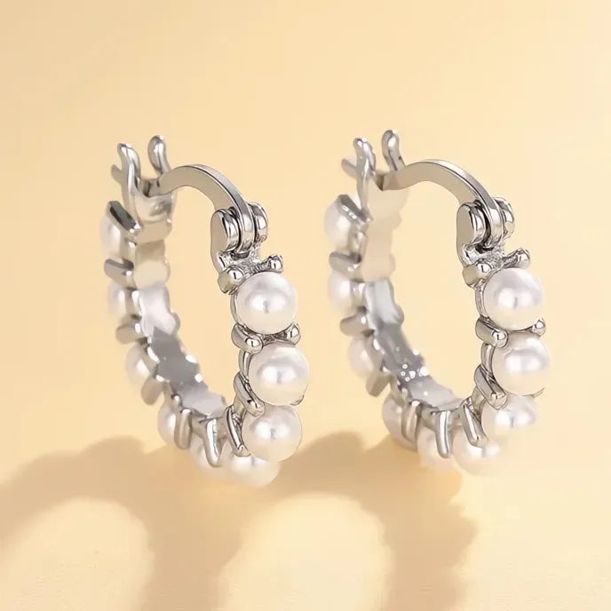 Elegant Geometric Simulated Pearl Hoop Earrings for Women Silver Color Brass Alloy Jewelry