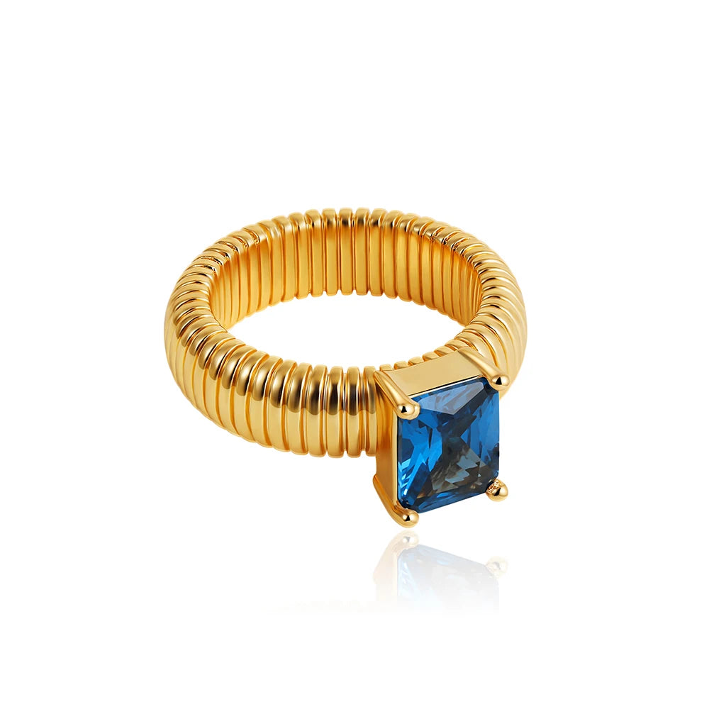 Vintage Gold Stainless Steel Ribbed Chunky Square Crystal Ring Wedding Jewelry