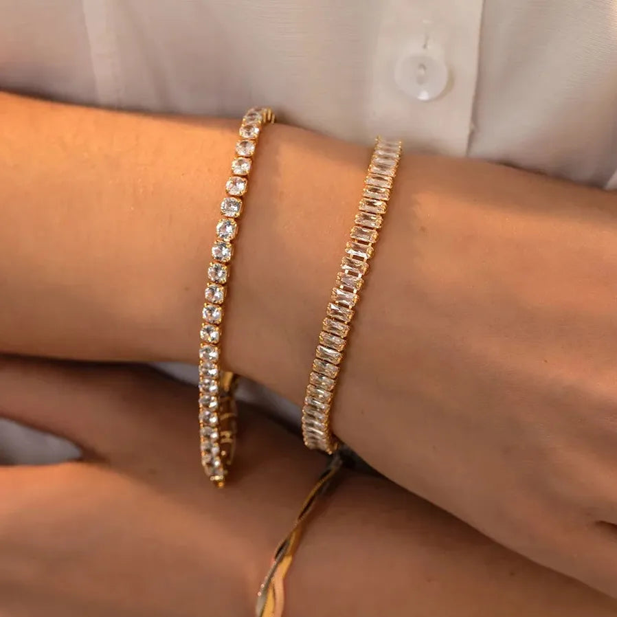 18K Gold Plated Sparkling Square CZ Bracelet Women Stainless Steel Bangle