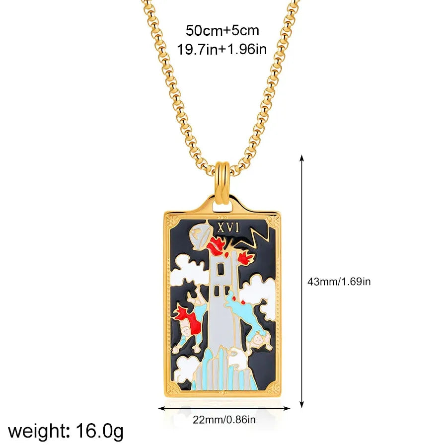 Vintage Gold Plated Stainless Steel Tarot Card Pendant Necklace for Women Punk