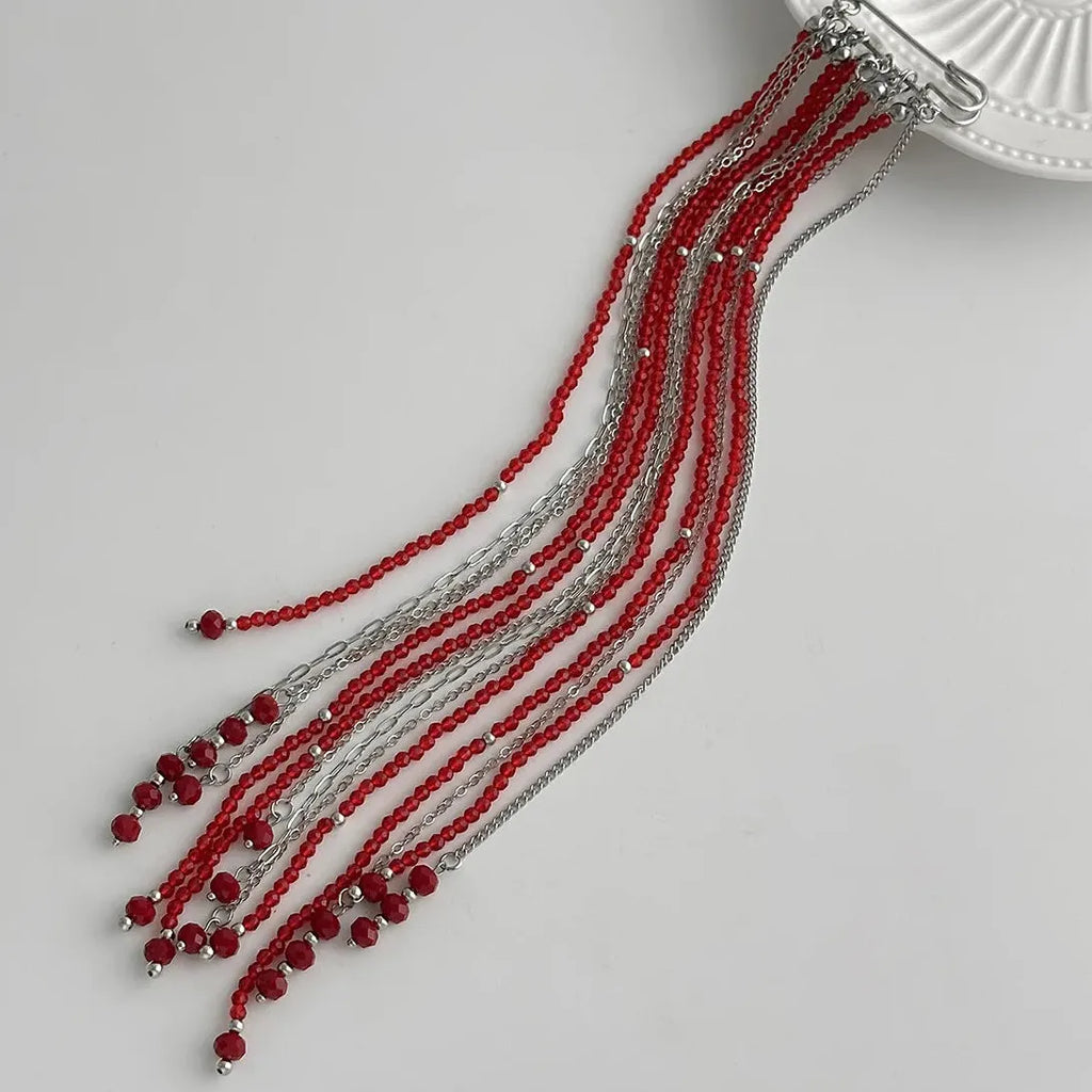 Crystal Multi-Layer Tassel Chain Rice Bead Brooch Hip Hop Jewelry for Women Men