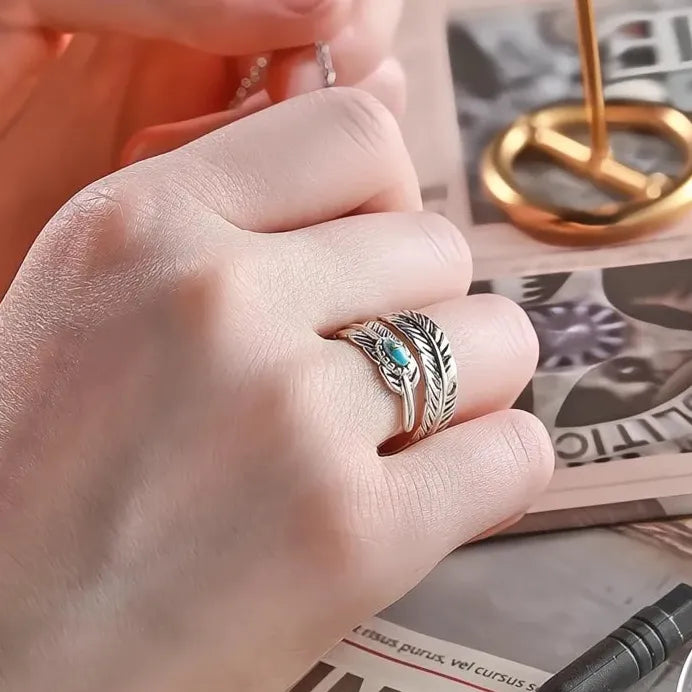 Vintage Feather Ring with Imitation Turquoise for Women Silver Jewelry