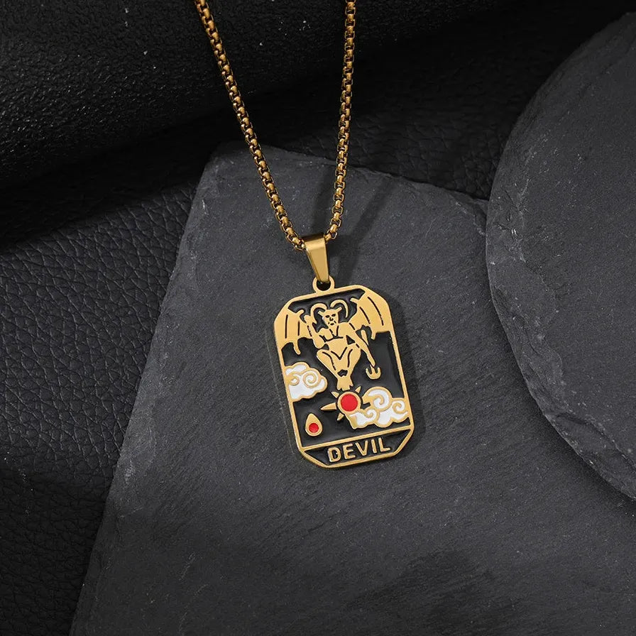 Vintage Gold Plated Stainless Steel Tarot Card Pendant Necklace for Women Punk