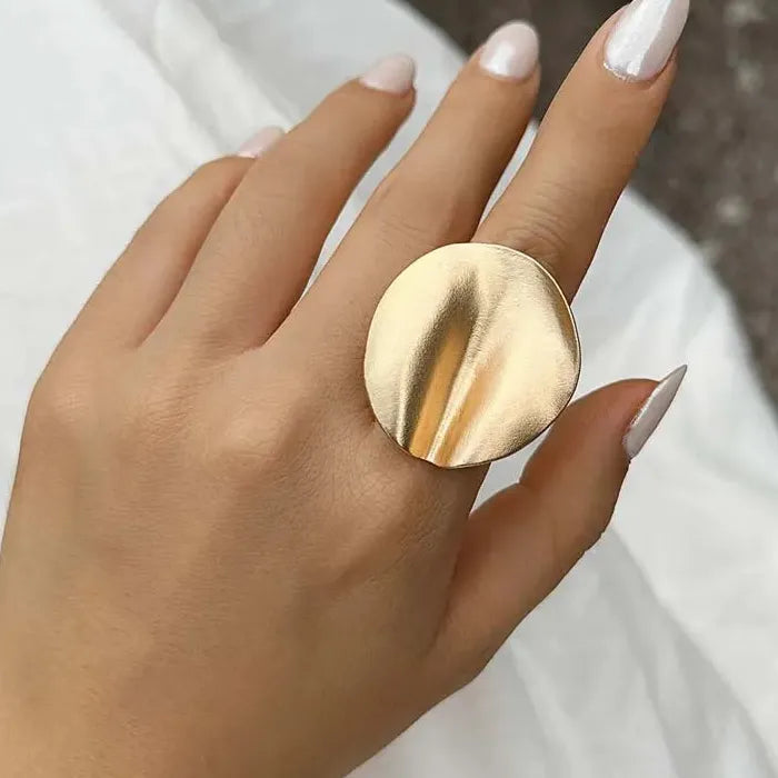 Vintage Gold Metal Adjustable Big Pleated Cuff Ring for Women Party Jewelry