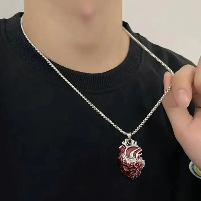 Gothic Rose Red Love Necklace Women’s Y2K Grunge Silver Tone Copper Heart Pendant Jewelry