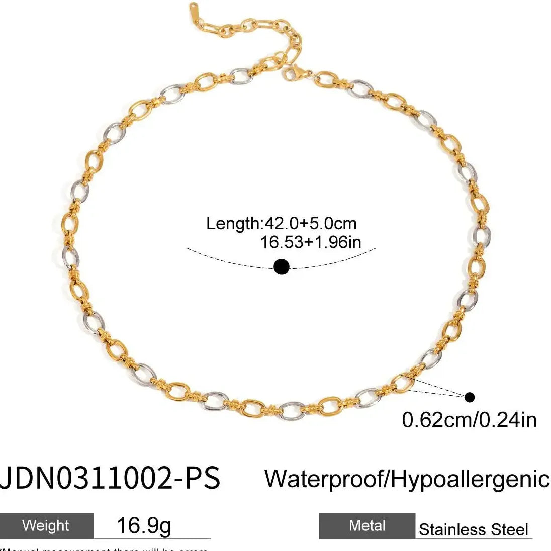 18K Gold Plated Stainless Steel Double Color Wide Cross Pendant Necklace Choker