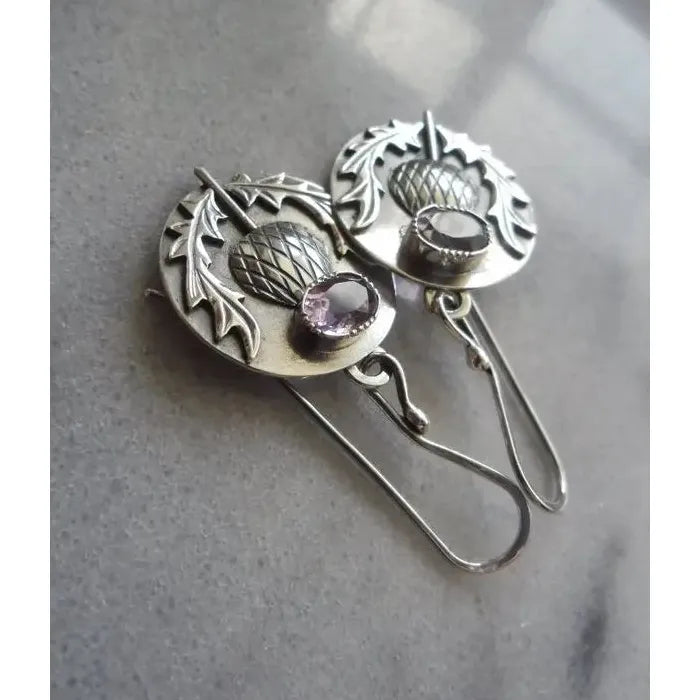 Retro Oval Cubic Zirconia Drop Earrings Silver Metal Flower Pendant Jewelry
