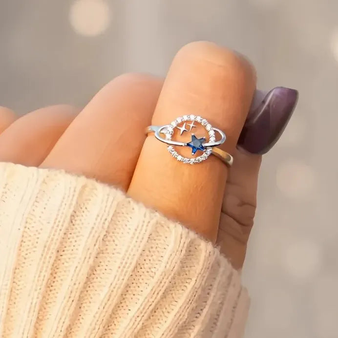 Silver Tone Blue Stars Planet Ring with Cubic Zirconia for Women